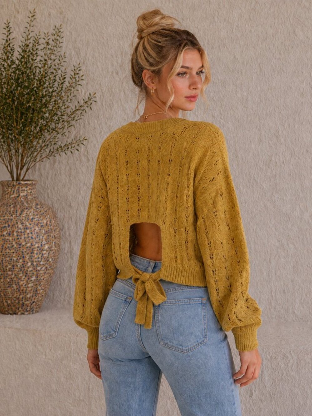Pink Rose Mustard Knit Tie Front Sweater Size M Cropped